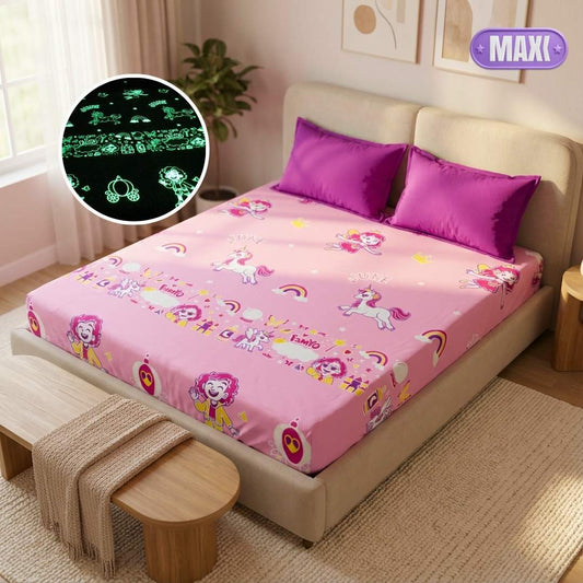 Famyo June the Unicorn Glow Bedsheet for Kids – King Size Fitted Bedsheet Set | Glow Maxx Series | Premium Microfiber (300 TC)