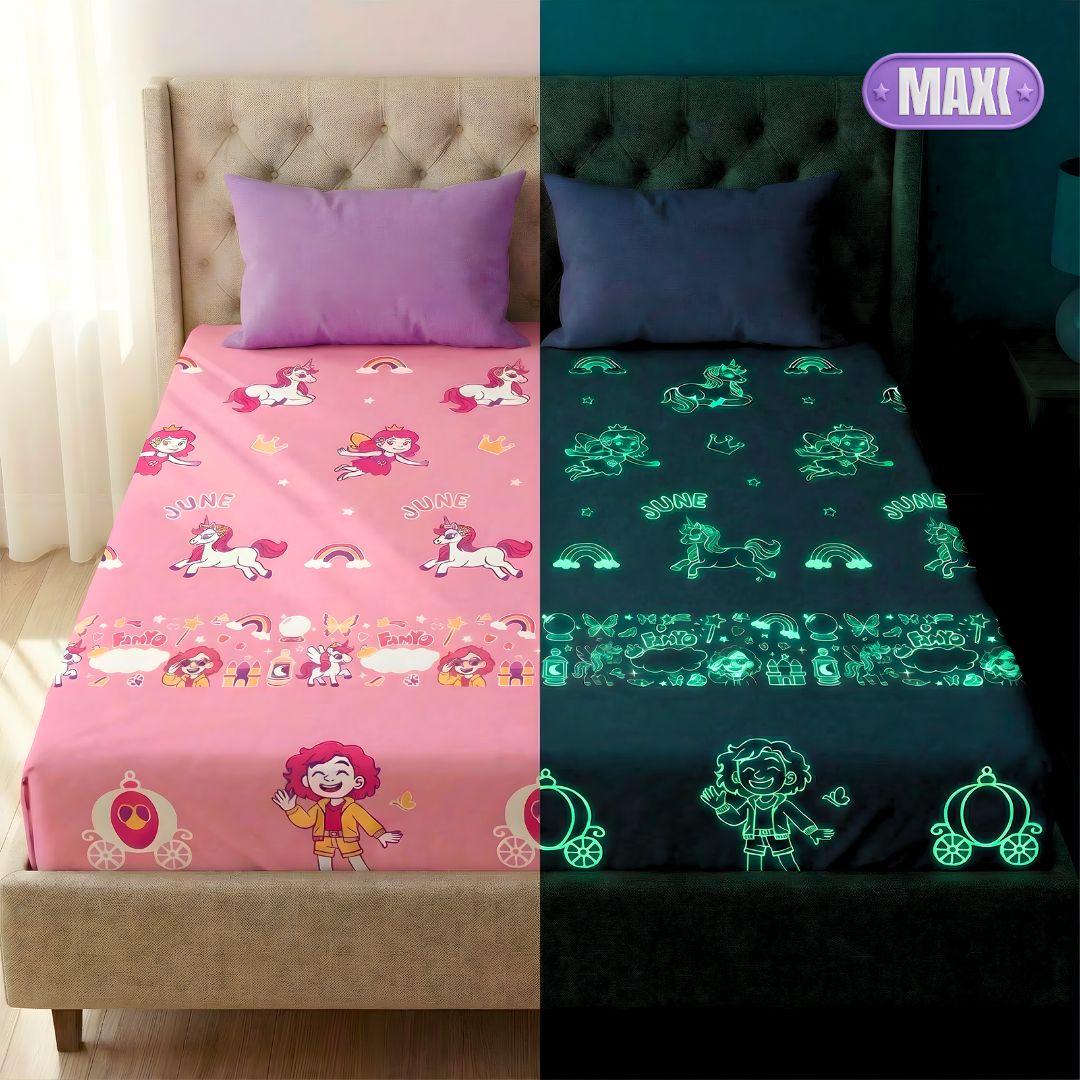 June the Unicorn King Size Glow Bedsheet Set | Glow Maxx Series | 300 TC Premium Cotton-Blend Microfiber | Perfect Gift for Kids