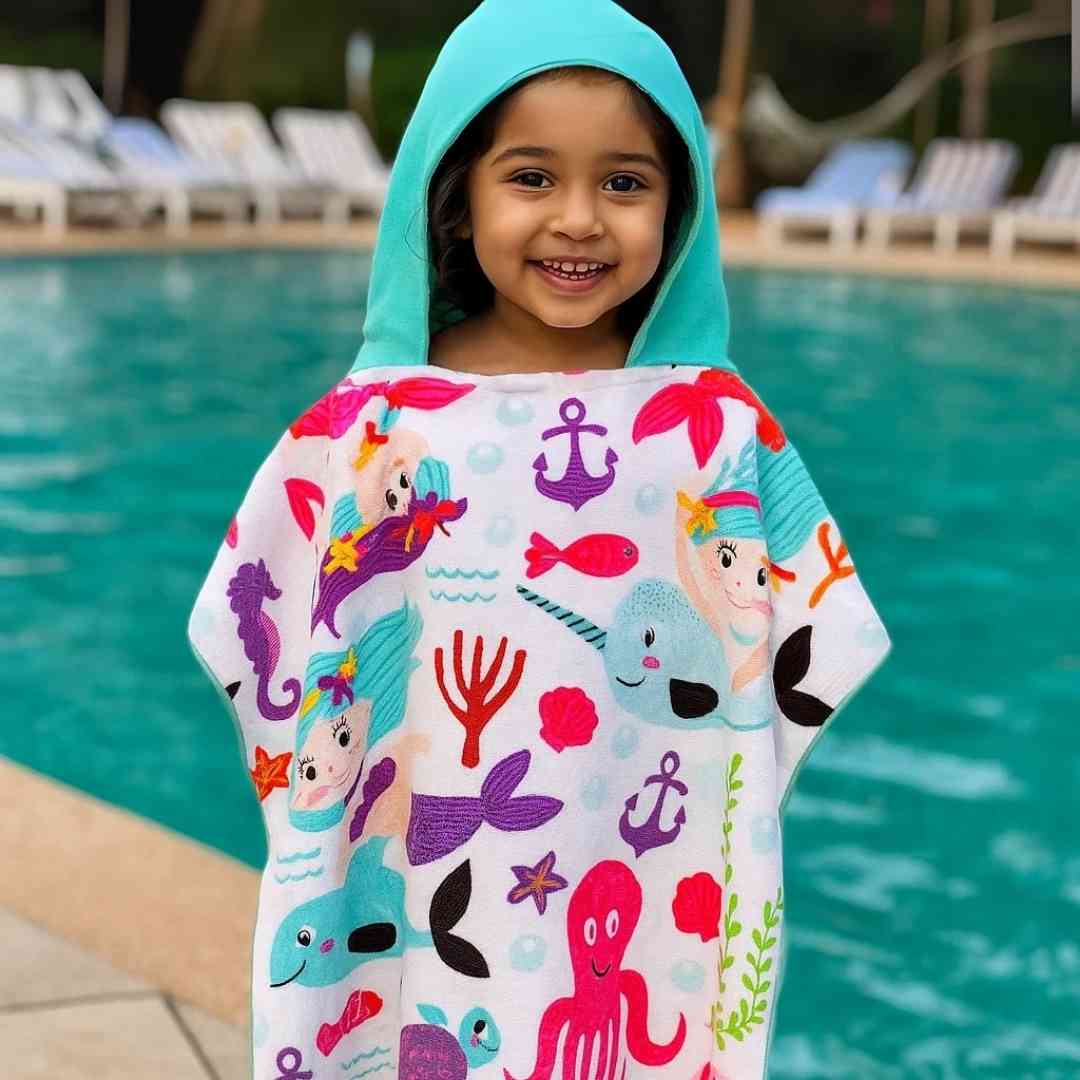 Green Sea Mermaid & Friends Poncho Towel for Kids, 1-7 years | Quick-Drying Microfiber Kids Bath Towel Famyo Shop WH