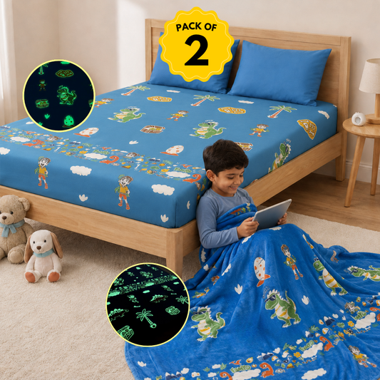 Rexy the Dino Glow Maxx Combo for Kids – Glow Blanket + Glow Bedsheet Set | Queen Size Flannel Blanket & King Size Glow in the Dark Bedsheet | Soft, Breathable & Kid-Safe Bedding Combo