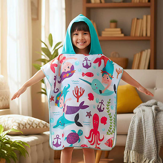Green Sea Mermaid & Friends Poncho Towel for Kids, 1-7 years | Quick-Drying Microfiber Kids Bath Towel Famyo Shop WH