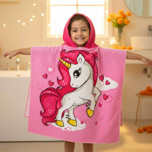 Pink Unicorn Poncho Bath Towel for Kids, 1-7 years | Quick-Drying Microfiber Kids Towel Famyo Shop WH
