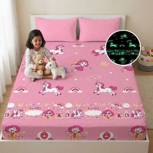 June the Unicorn Glow Bedsheet for Kids | King Size Bedsheet Set | 300 TC Cotton-Blend | Free Pillow Cover