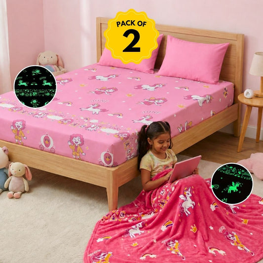 June the Unicorn Glow in the Dark Quilt/Blanket/AC Comforter & Glow Bedsheet Set for Kids | Soft Flannel Queen Size AC Blanket | Glow Maxx Series