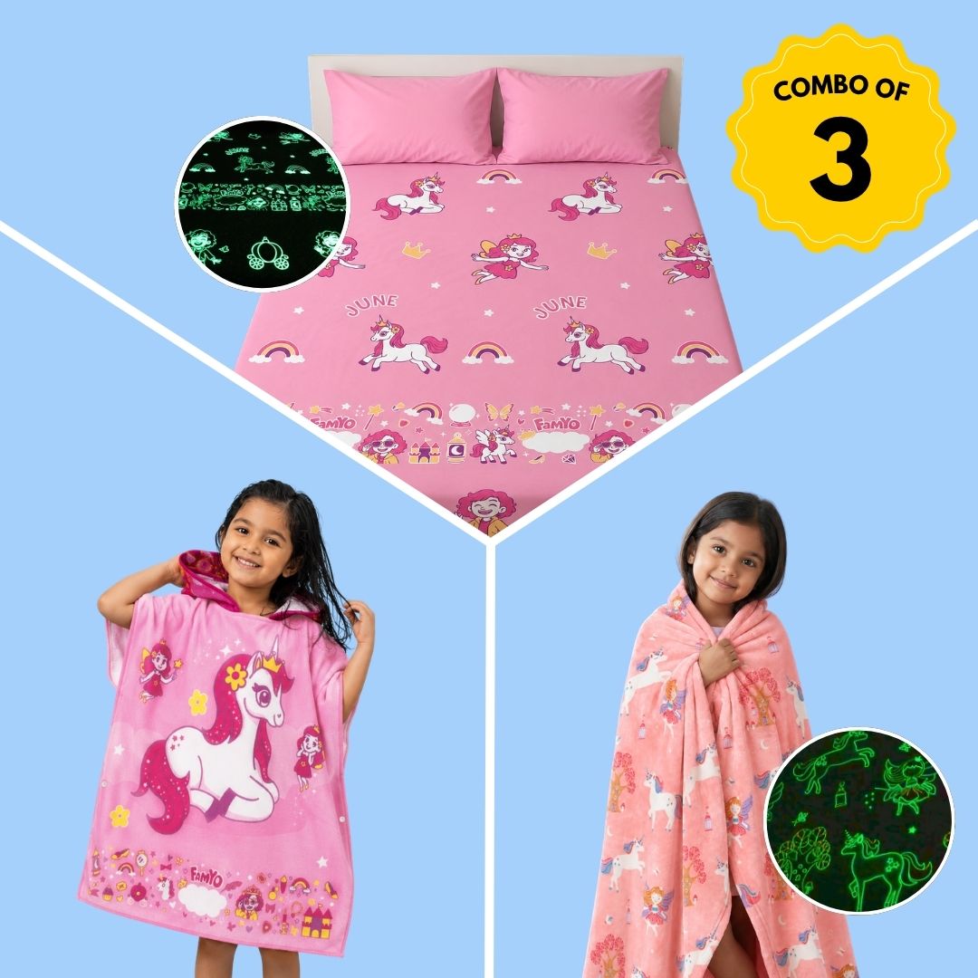 June & Fairy Unicorn Glow in the Dark Quilt/Blanket/AC Comforter, June Unicorn Glow Bedsheet & Hooded Poncho Towel Set for Kids