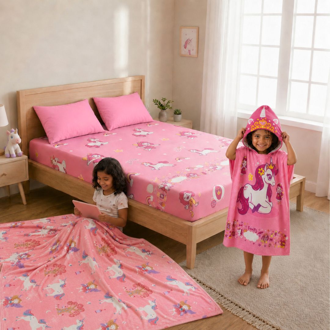 June & Fairy Unicorn Glow in the Dark Quilt/Blanket/AC Comforter, June Unicorn Glow Bedsheet & Hooded Poncho Towel Set for Kids