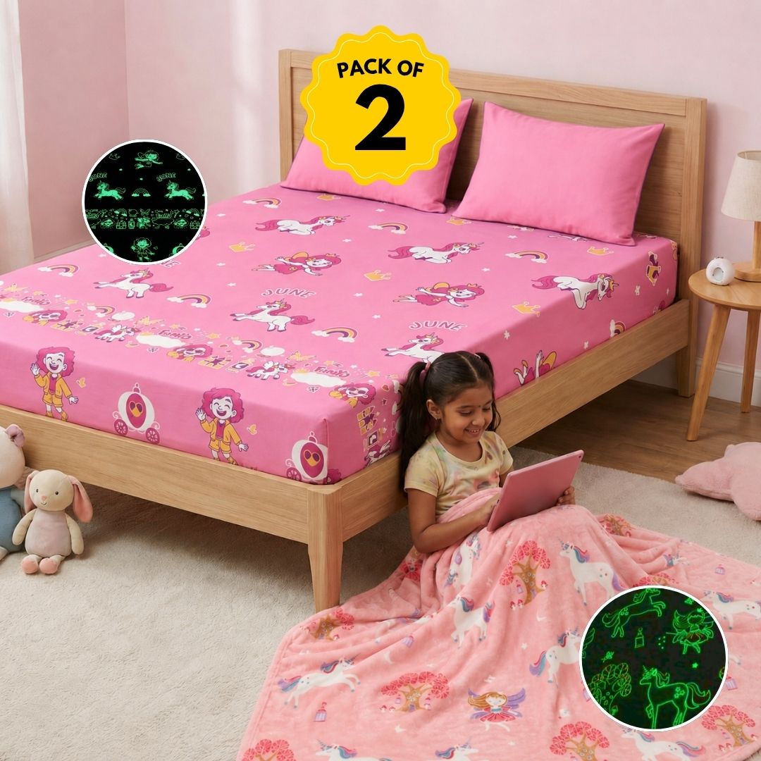 Fairy Unicorn Glow in the Dark Blanket/Quilt/AC Comforter & June Unicorn Glow Bedsheet Set for Kids | Perfect Birthday Gift for Kids