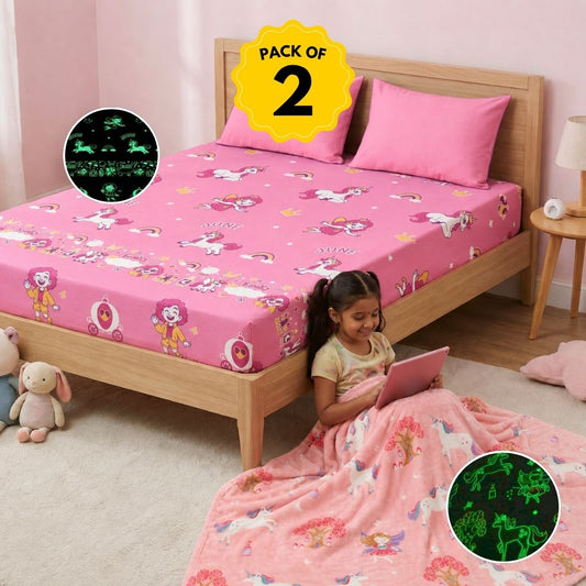 Fairy Unicorn Glow in the Dark Blanket/Quilt/AC Comforter & June Unicorn Glow Bedsheet Set for Kids | Perfect Birthday Gift for Kids