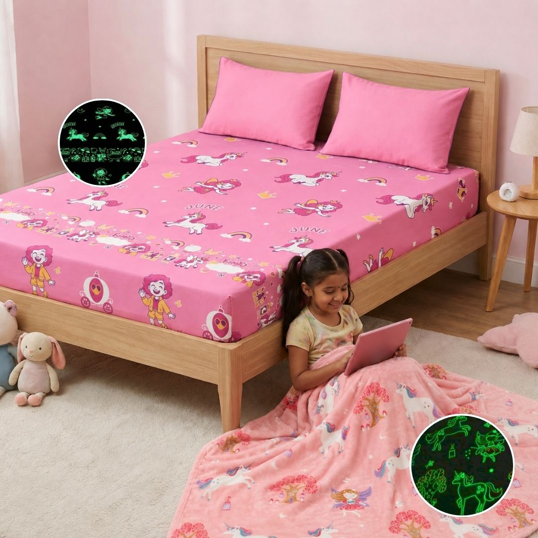 Fairy Unicorn Glow in the Dark Blanket/Quilt/AC Comforter & June Unicorn Glow Bedsheet Set for Kids | Perfect Birthday Gift for Kids
