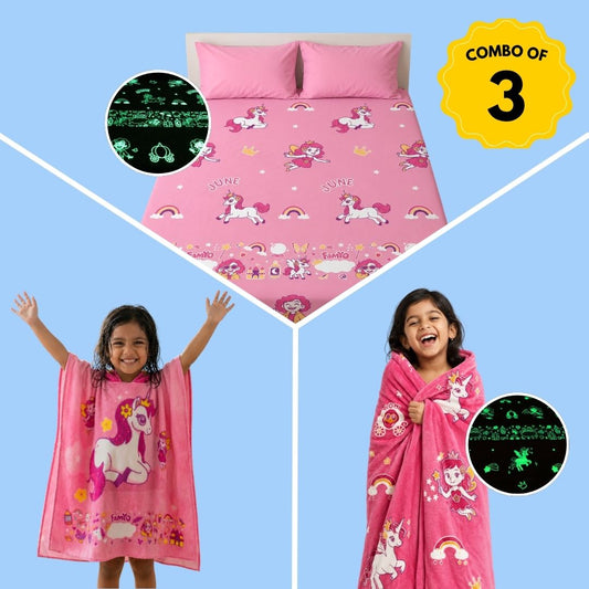 June the Unicorn Glow Bedsheet, Glow in the Dark Quilt/Blanket/AC Comforter & Hooded Poncho Towel Set | Glow Maxx Series