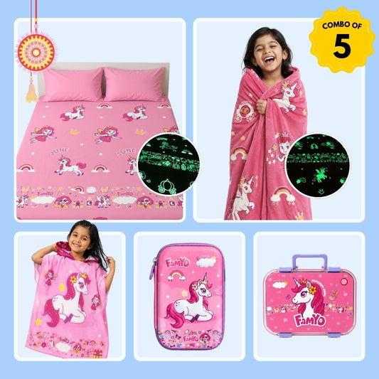 June the Unicorn Complete Set for Kids | Glow Blanket, Bedsheet, Bento Box, Poncho Towel & Hard Shell Pencil Pouch | 5-Piece Gift Set