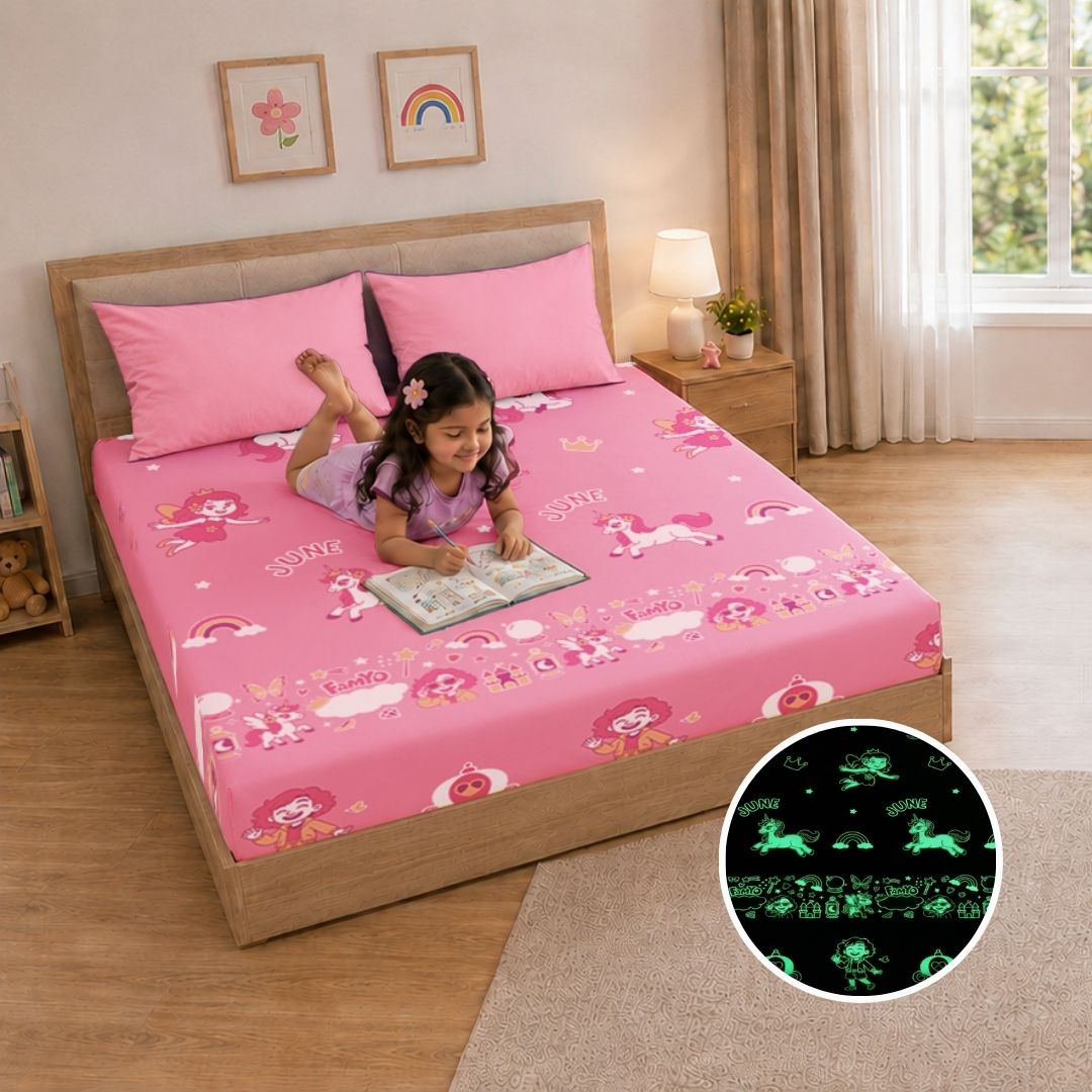 Pack of 2 June the Unicorn glow bedsheet sets featuring king-size fitted bedsheets, 4 matching pillow covers, premium 300 TC cotton-blend microfiber, and safe glow-in-the-dark technology for kids.
