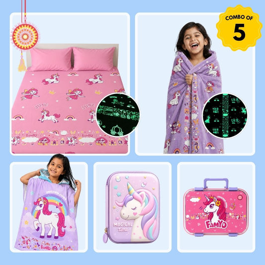 Mira the Mermaid & June Unicorn Complete Set for Kids | Glow Blanket, Bedsheet, Bento Box, Poncho Towel & Pencil Pouch | 5-Piece Gift Set