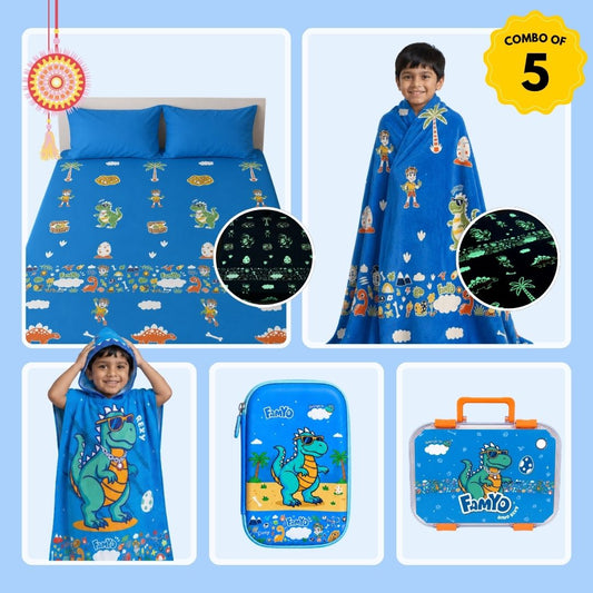 Rexy the Dinosaur Complete Set for Kids | Glow Blanket, Bedsheet, Bento Box, Poncho Towel & Hard Shell Pencil Pouch | 5-Piece Gift Set