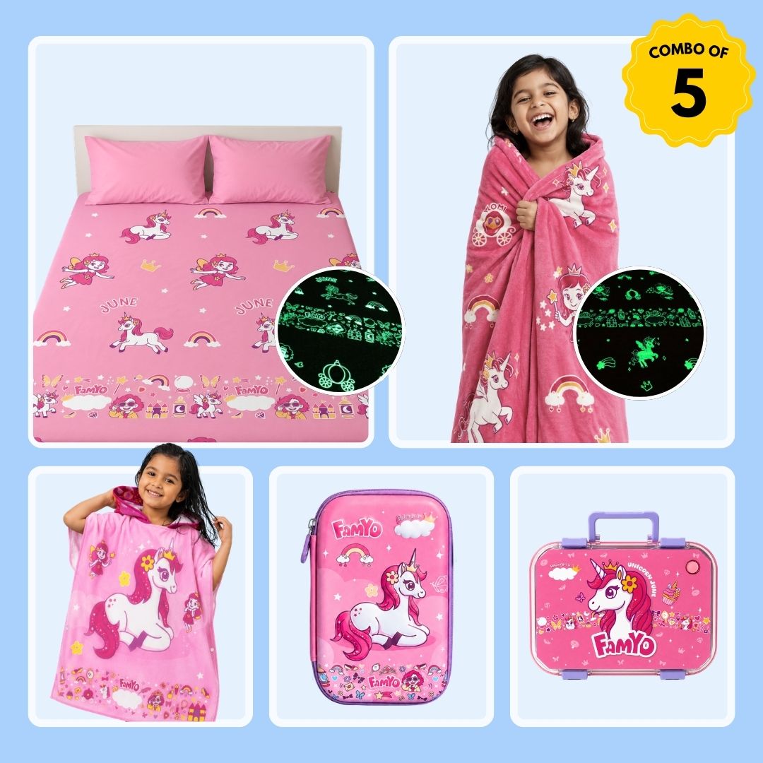 June the Unicorn Complete Set for Kids | Glow Blanket, Bedsheet, Bento Box, Poncho Towel & Hard Shell Pencil Pouch | 5-Piece Gift Set