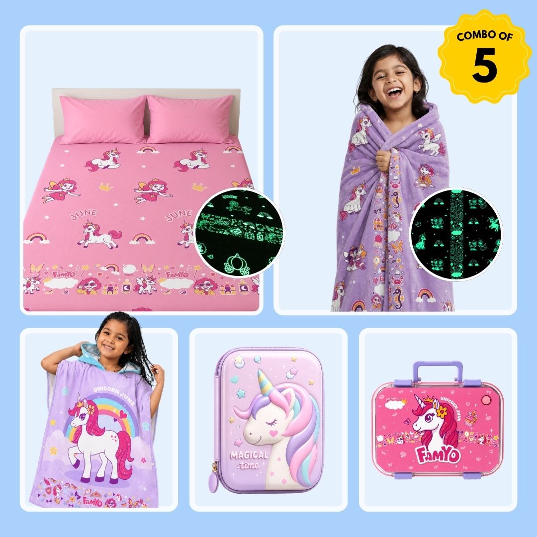 Mira the Mermaid & June Unicorn Complete Set for Kids | Glow Blanket, Bedsheet, Bento Box, Poncho Towel & Pencil Pouch | 5-Piece Gift Set
