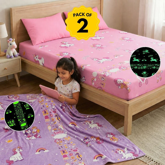 June the Unicorn & Mira the Mermaid Glow in the Dark Quilt/Blanket/AC Comforter & Glow Bedsheet Set for Kids | Soft Flannel Queen Size AC Blanket | Glow Maxx Series