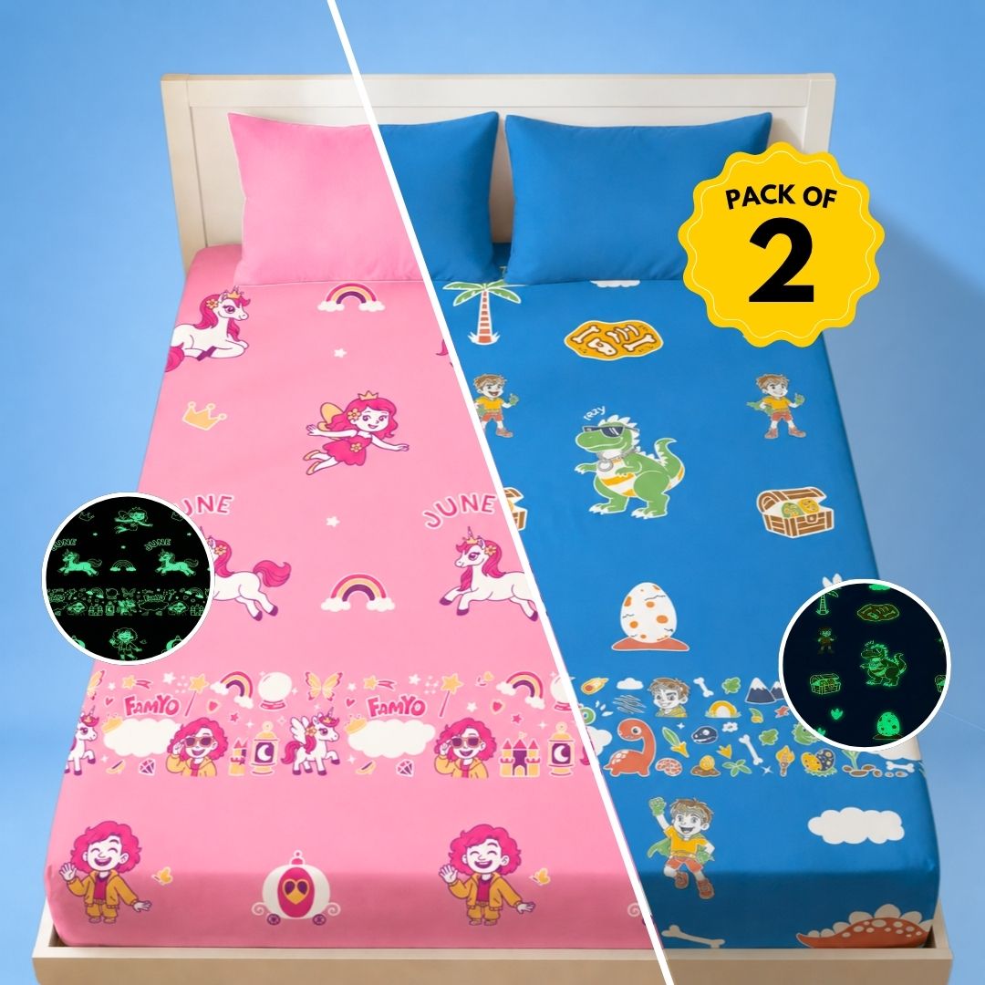 June the Unicorn & Rexy the Dino Glow Bedsheet Set for Kids, Pack of 2 | King Size Fitted Bedsheets with Pillow Covers | 300 TC Cotton-Blend Microfiber