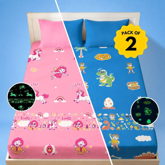 June the Unicorn & Rexy the Dino Glow Bedsheet Set for Kids, Pack of 2 | King Size Fitted Bedsheets with Pillow Covers | 300 TC Cotton-Blend Microfiber