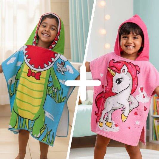 Pink Unicorn & Crocodile Hooded Towel, Set of 2 | 100% Microfiber Poncho Towel for Kids (1-7 Years)