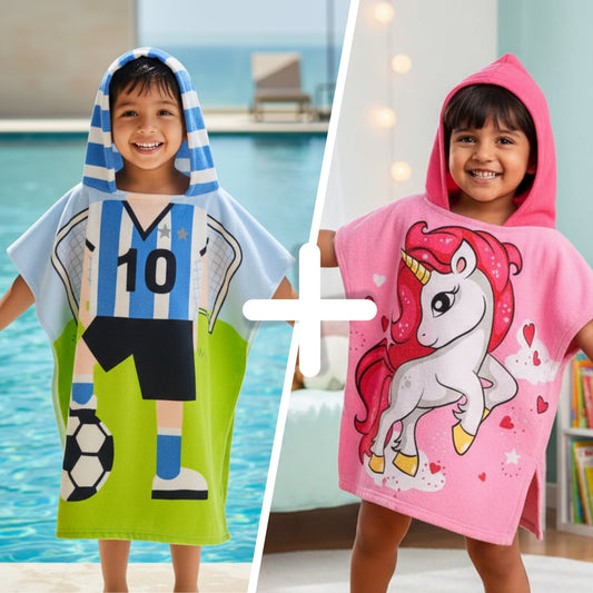 Pink Unicorn & Football Bath Towel for Kids, Set of 2 | 100% Microfiber Poncho Towel for Kids (1-7 Years)