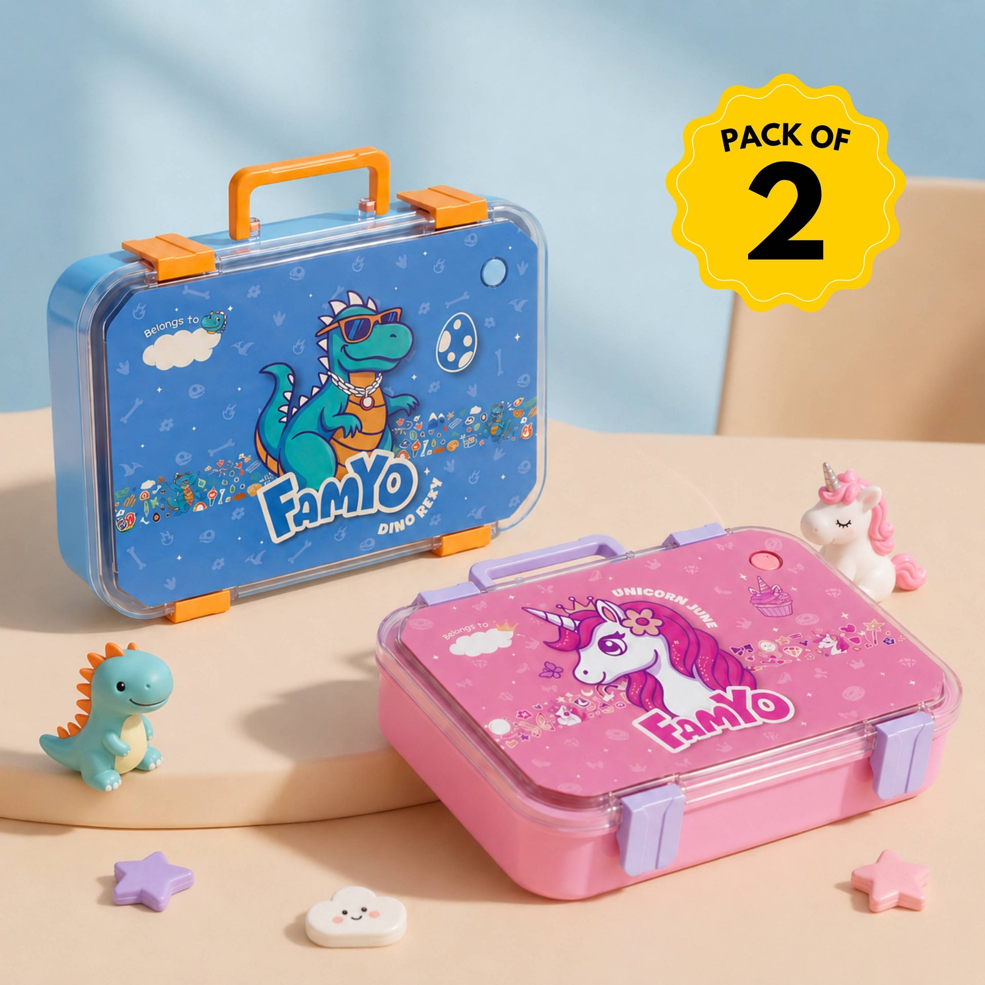 June the Unicorn and Rexy the Dino bento lunch box set for kids featuring leakproof lunch boxes with 3 stainless steel compartments, BPA-free outer body, child-friendly locking clips, organised meal storage, and ideal for school lunches, daycare, travel, and gifting.