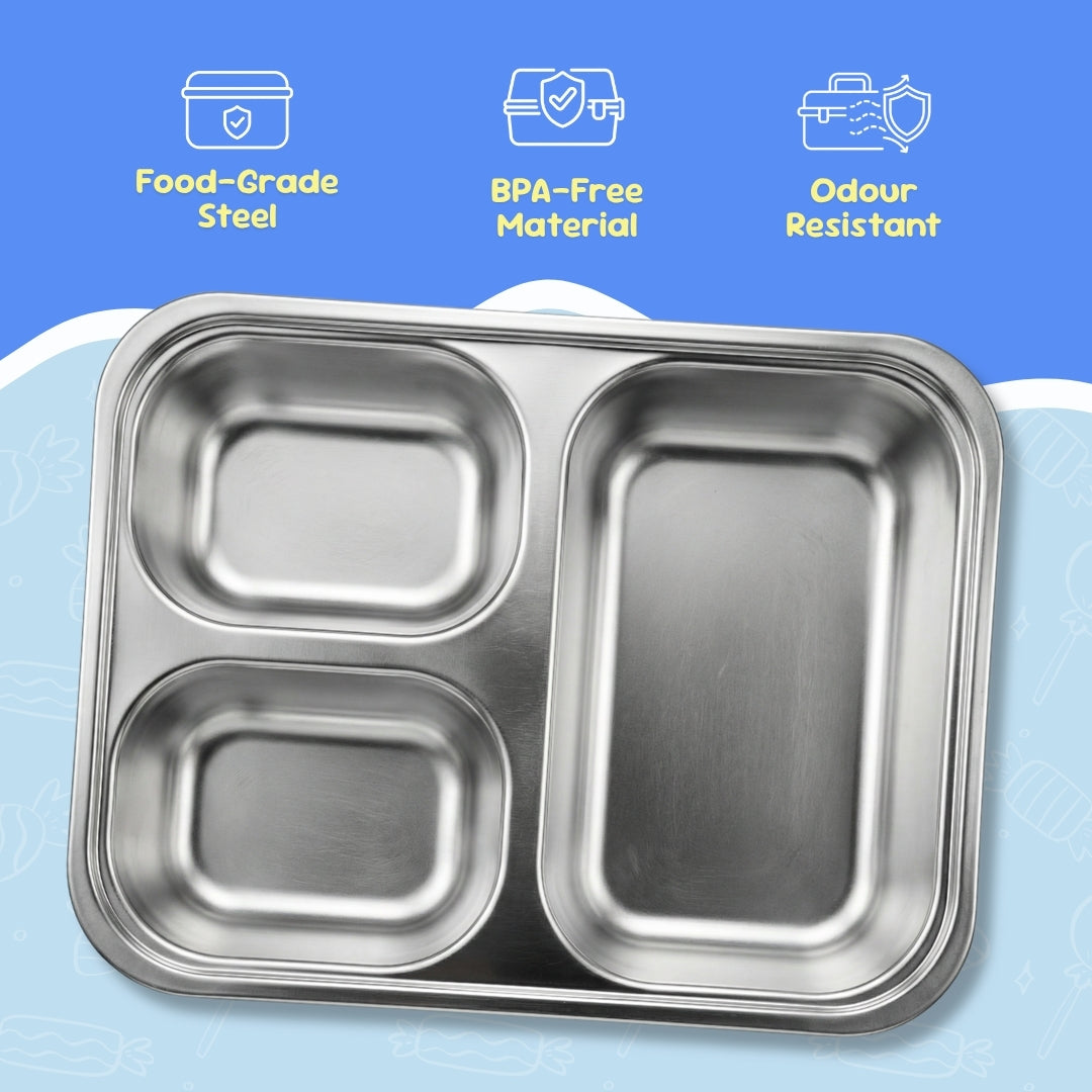 Famyo Bento Lunch box for kids - tffin box for school kids - 3 stainless steel compartments, food grade, BPA Free, odour resistant