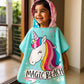 Child wearing Famyo Magic Beach Pink Unicorn hooded towel for kids, ages 1–7 years. 100% microfiber bath towel with quick-drying fabric and vibrant unicorn design.
