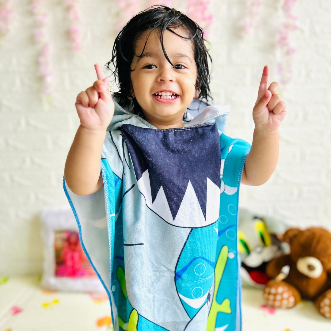 Cute Shark Poncho Bath Towel for Kids, 1-7 years, 60 x 60cm | 100% Cotton, Skin-Friendly Microfiber Hooded Toddler Pool Towel | Quick-Drying, Water Absorbing, Full-Size Bathrobe