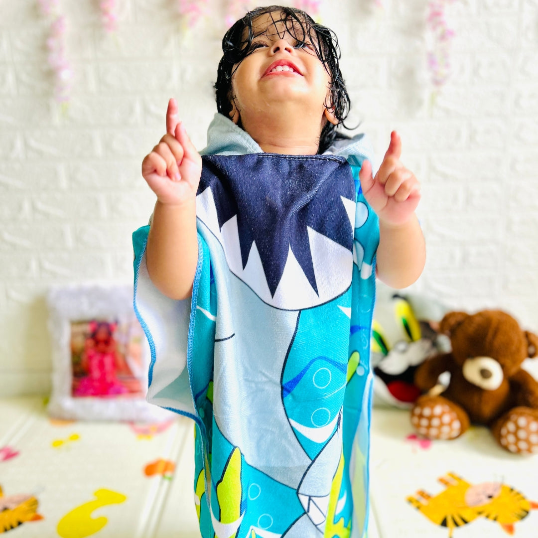 Cute Shark Poncho Bath Towel for Kids, 1-7 years, 60 x 60cm | 100% Cotton, Skin-Friendly Microfiber Hooded Toddler Pool Towel | Quick-Drying, Water Absorbing, Full-Size Bathrobe