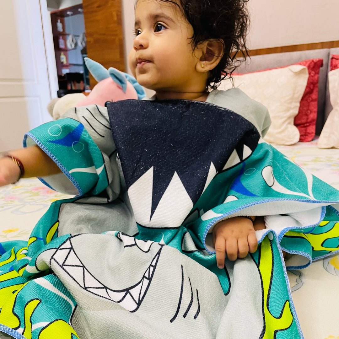 Cute Shark Poncho Bath Towel for Kids, 1-7 years | Quick-Drying Microfiber Kids Towel. Cool Poncho Bath Robe Towels for Kids at lowest prices only @ Famyo. Shop 2 Poncho Towels @ Just Rs 999 with poncho999