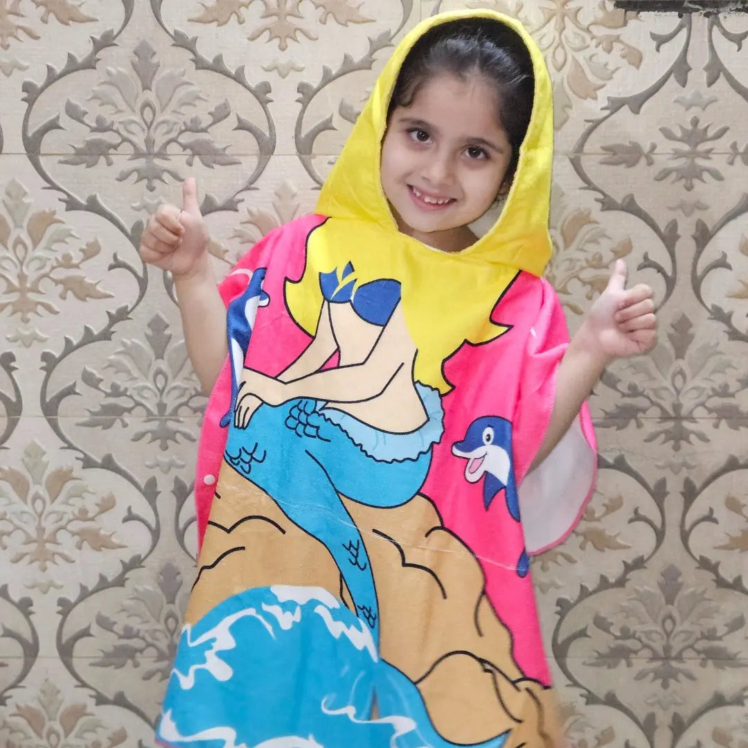 Cute Pink Mermaid Poncho Baby Towel for Kids, 1-7 years Quick-Drying Microfiber Kids Towel