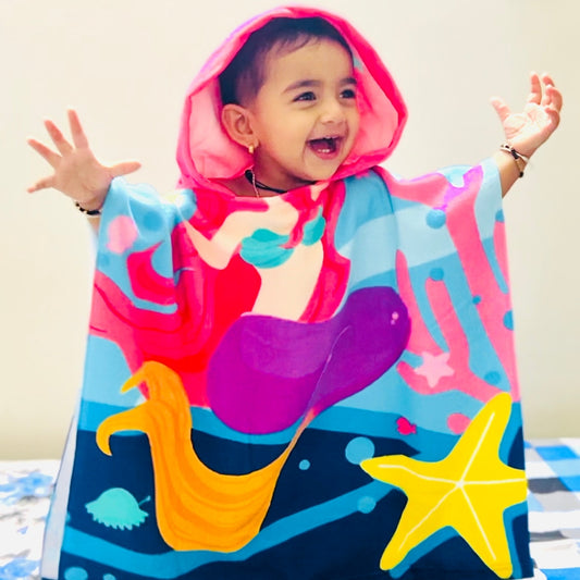 Blue Sea Mermaid Poncho Bath Towel for Kids, 1-7 years, 60 x 60cm | 100% Cotton, Skin-Friendly Microfiber Hooded Toddler Pool Towel | Quick-Drying, Water Absorbing, Full-Size Bathrobe