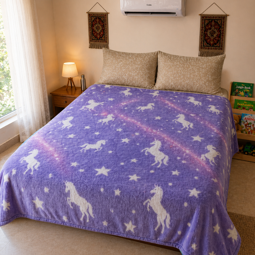 Purple Unicorn Glow Blanket | Soft Flannel AC Blanket for All-Season | Perfect Gift for Kids