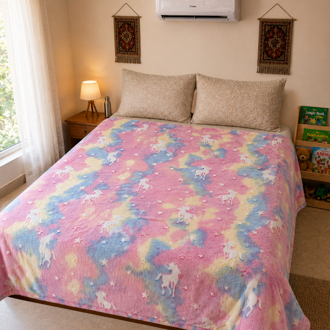 Pink Unicorn Glow in The Dark Blanket for Kids | 200 x 152cm, 3-18 Years, Queen Size Flannel Blanket/ Glow Blanket | Birthday Gift for Kids Bed, Sofa, or Couch