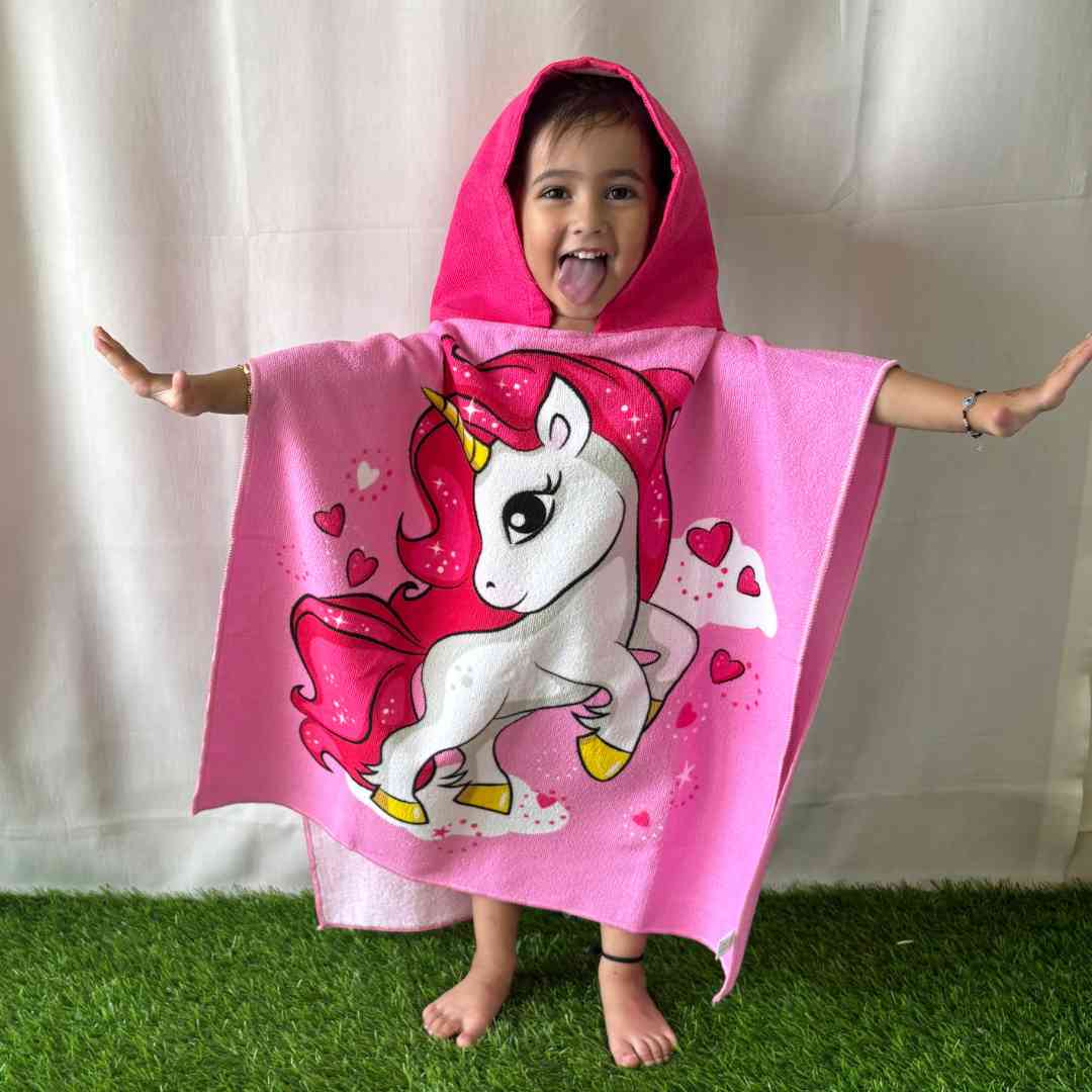 Pink Unicorn Poncho Bath Towel for Kids, 1-7 years | Quick-Drying Microfiber Kids Towel Famyo Shop WH