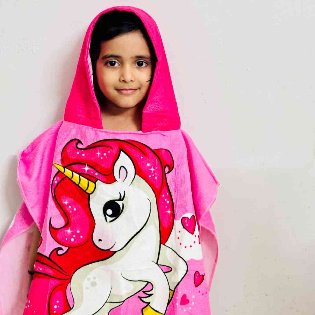 Pink Unicorn Poncho Bath Towel for Kids, 1-7 years | Quick-Drying Microfiber Kids Towel Famyo Shop WH