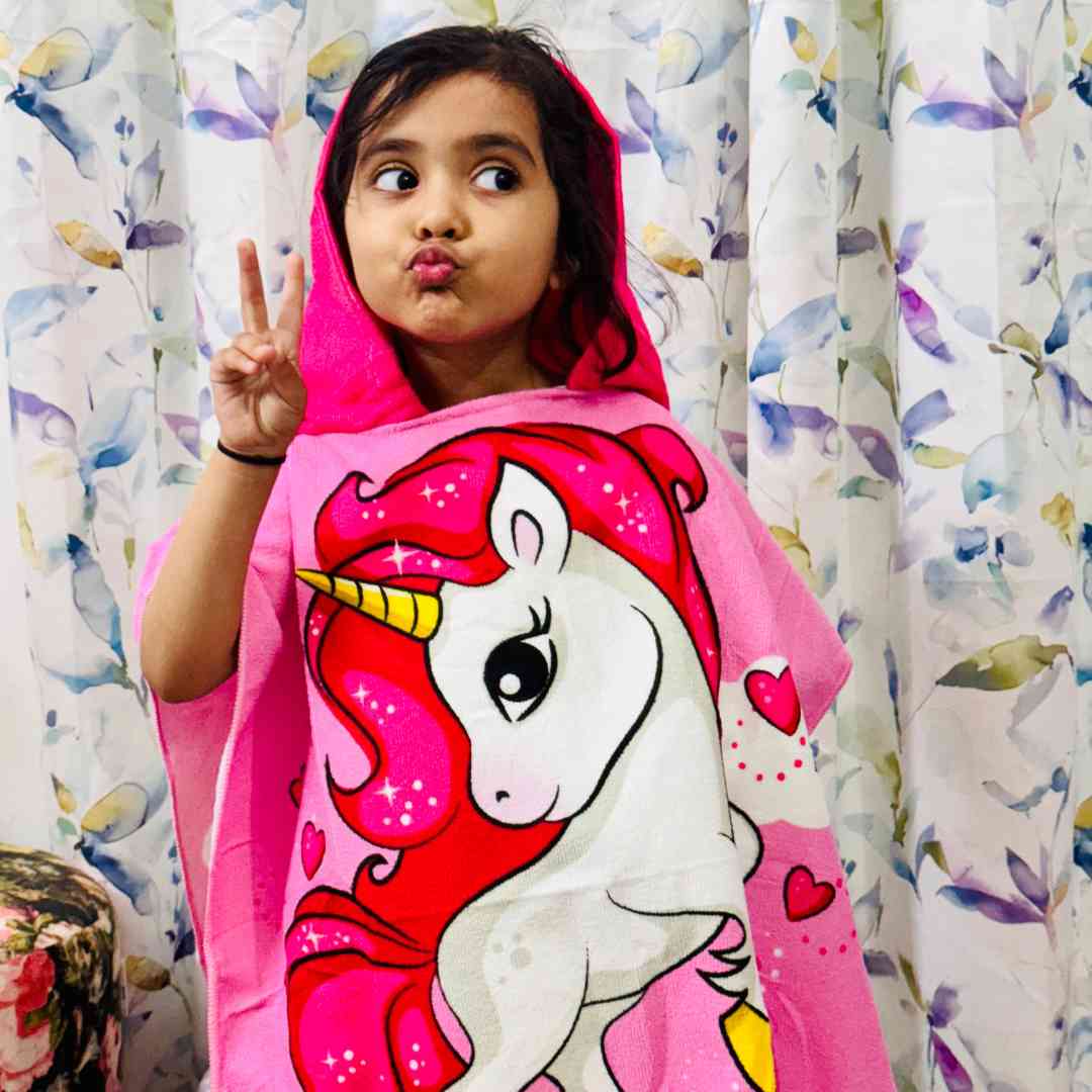 Pink Unicorn Poncho Bath Towel for Kids, 1-7 years | Quick-Drying Microfiber Kids Towel Famyo Shop WH