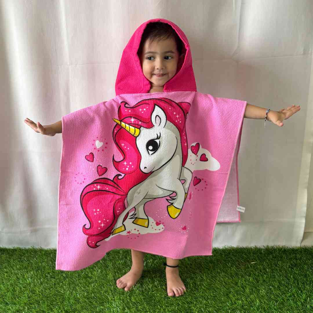 Pink Unicorn Poncho Bath Towel for Kids, 1-7 years | Quick-Drying Microfiber Kids Towel Famyo Shop WH