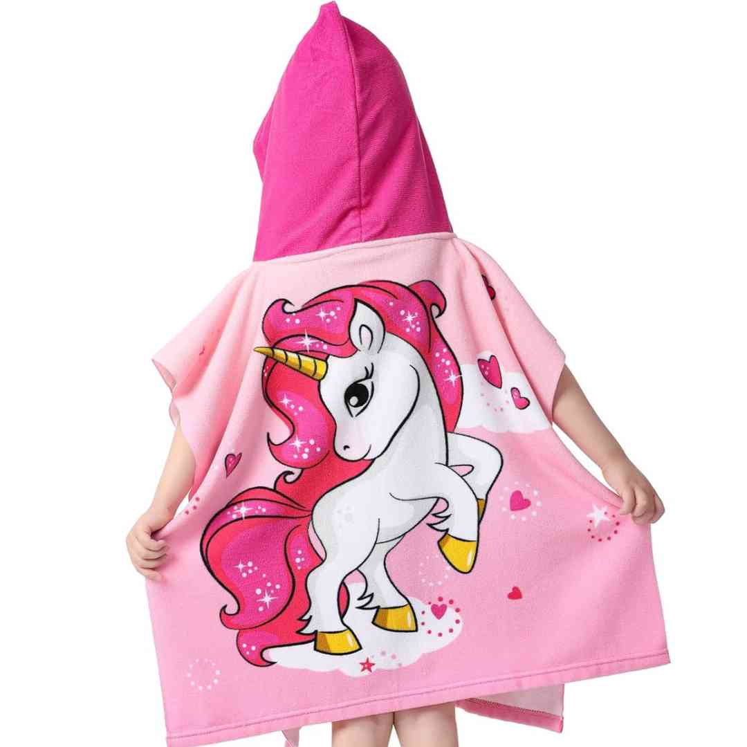 Pink Unicorn Poncho Bath Towel for Kids, 1-7 years Quick-Drying Microfiber Kids Towel