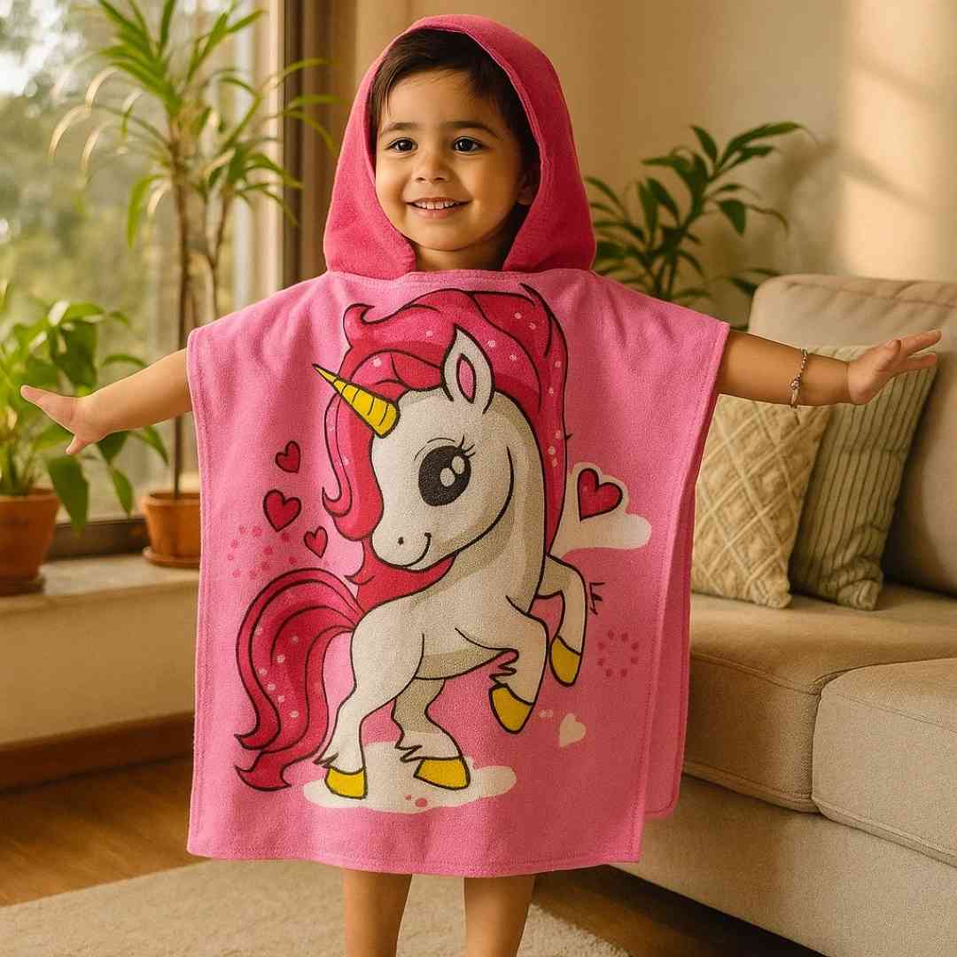 Pink Unicorn Poncho Bath Towel for Kids, 1-7 years | Quick-Drying Microfiber Kids Towel Famyo Shop WH