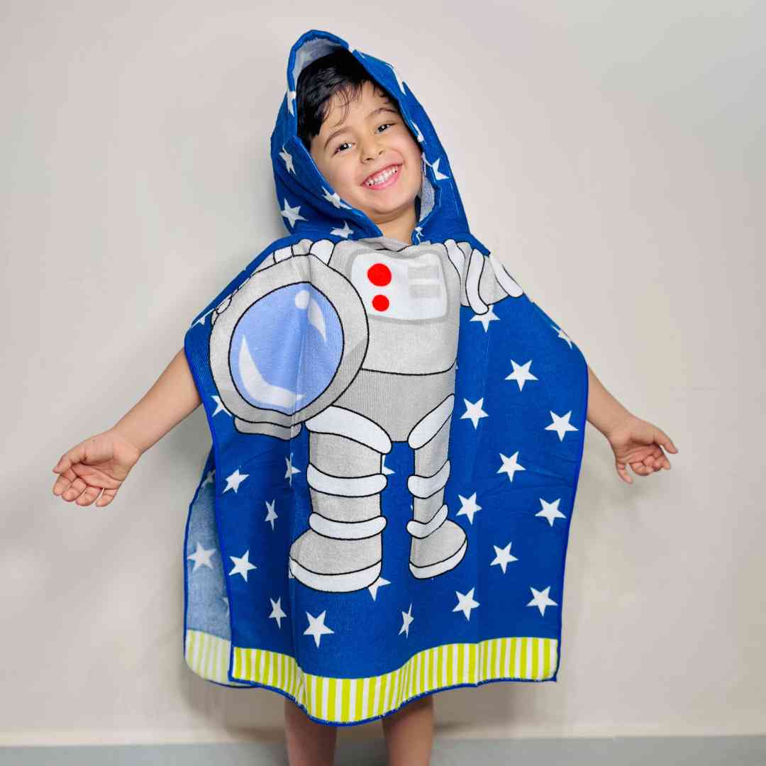 Cute astronaut design poncho towel for boys, ideal for beach and bath