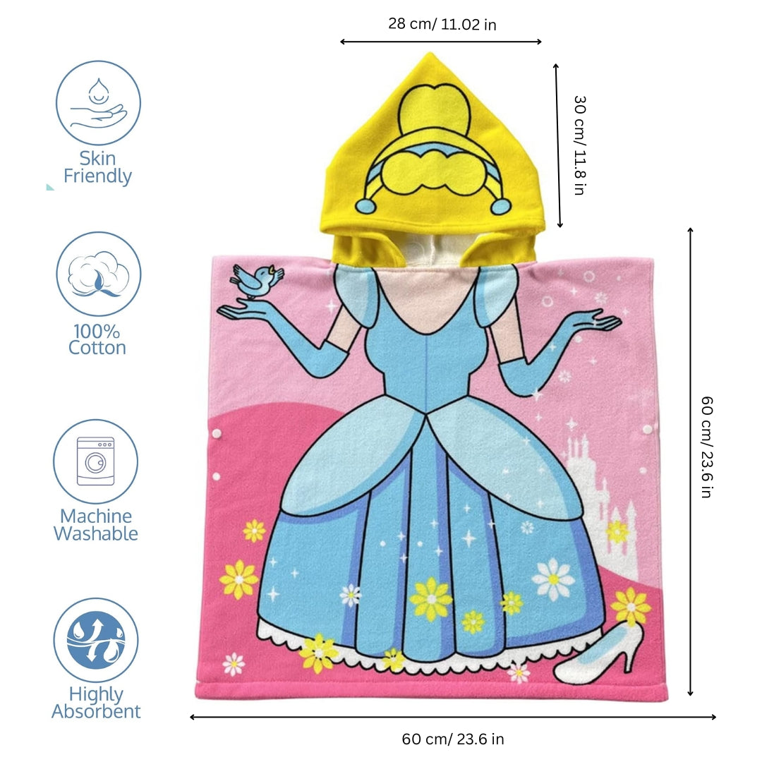 Magical Princess Poncho Bath Towel for Kids, 1-7 years, 60 x 60cm | 100% Cotton, Skin-Friendly Microfiber Hooded Toddler Pool Towel | Quick-Drying, Water Absorbing, Full-Size Bathrobe