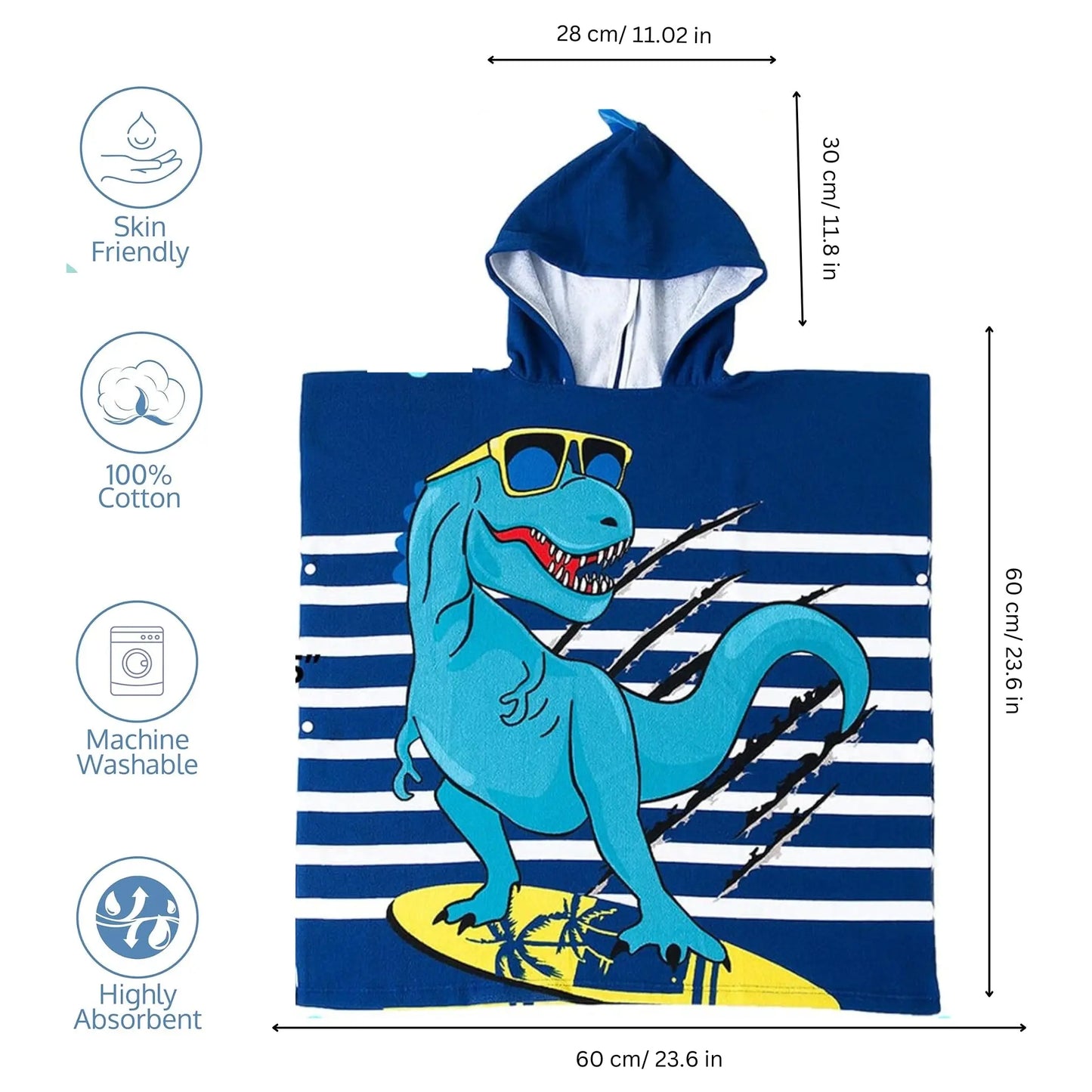 Cool Blue Dino Poncho Bath Towel for Kids, 1-7 years | Quick-Drying Microfiber Kids Towel Famyo Shop WH