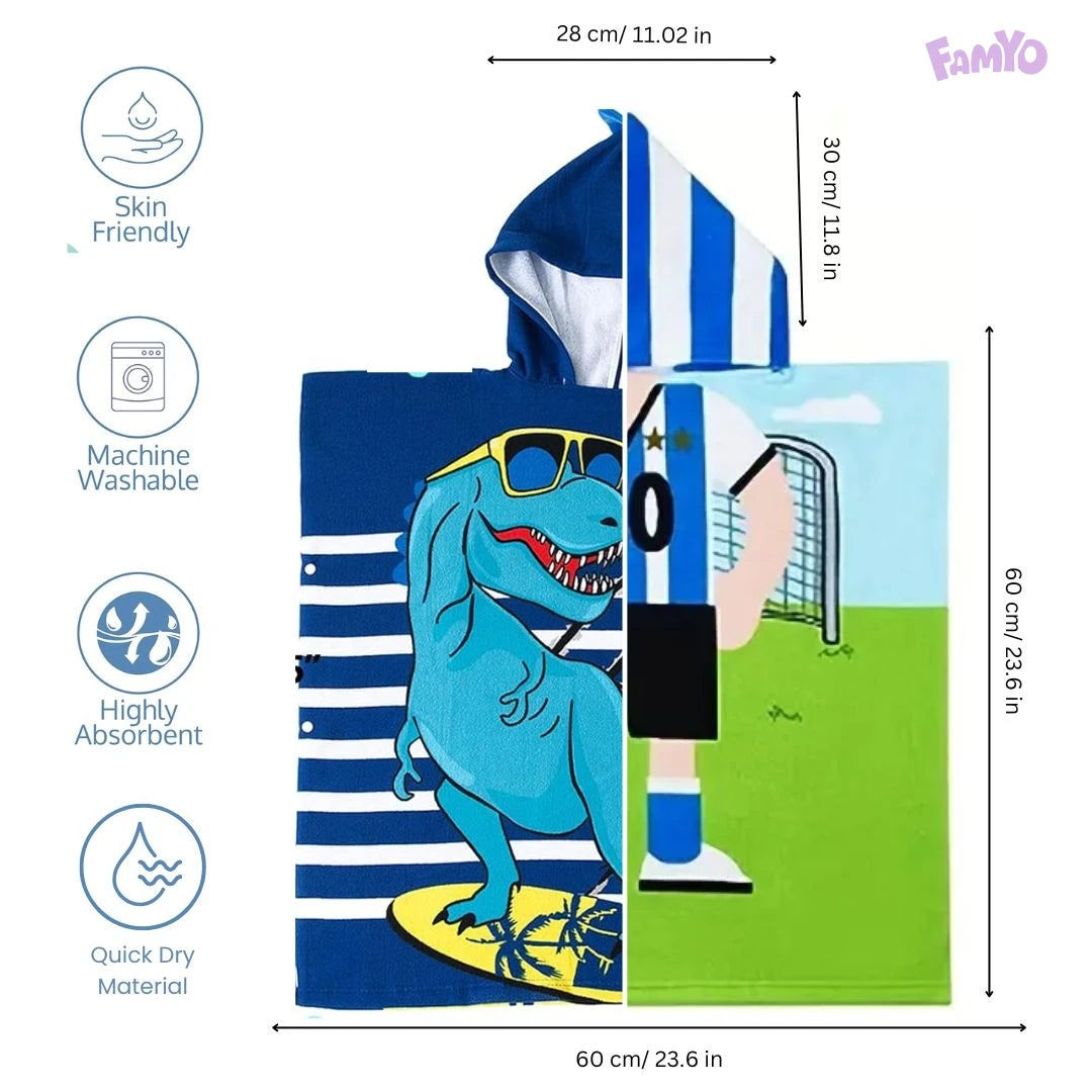 Cool Blue Dino & Football Poncho Towel, Set of 2 | 100% Microfiber Hooded Towel for Kids (1-7 Years) Famyo Shop WH