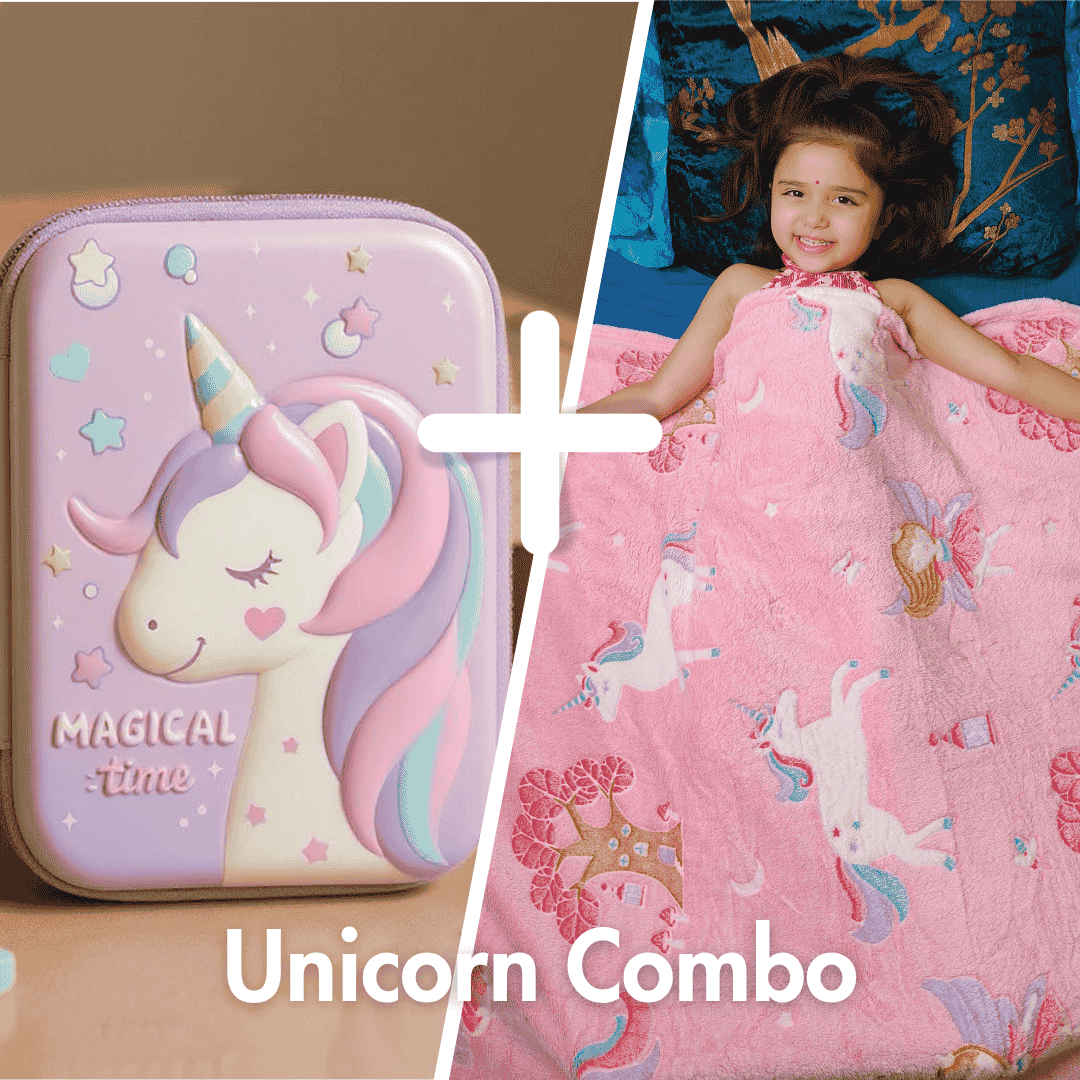 Famyo Rakhi Gift Set– Cute Fairy Glow Blanket + Unicorn Hard Shell Pencil Box | Kids Rakhi Gift Set for Girls | Magical Night + Study Essentials