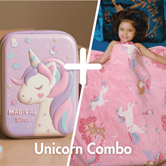 Famyo Rakhi Gift Set– Cute Fairy Glow Blanket + Unicorn Hard Shell Pencil Box | Kids Rakhi Gift Set for Girls | Magical Night + Study Essentials