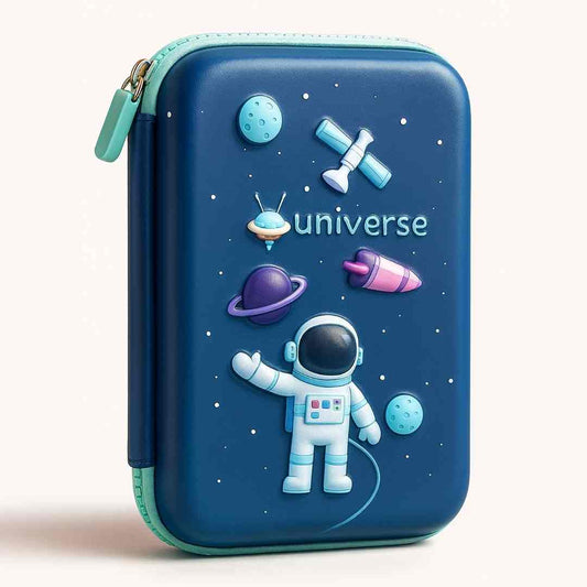 Hard shell blue space pencil box for boys with rocket and planet design