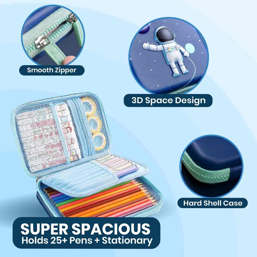 Space-themed pencil storage box for boys school use