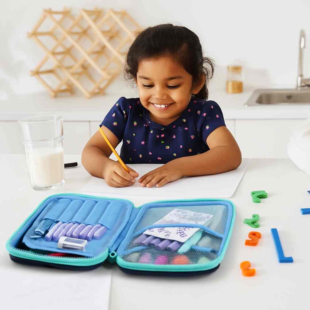 Durable kids pencil box with astronaut print in blue theme